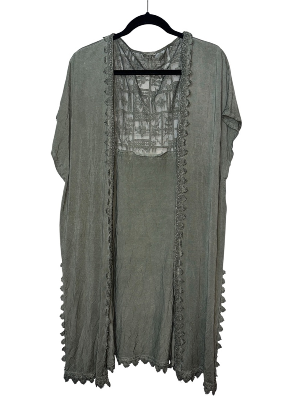 POL Clothing Boho Washed Olive Lace Back Embroidered Duster Kimono  Size Large